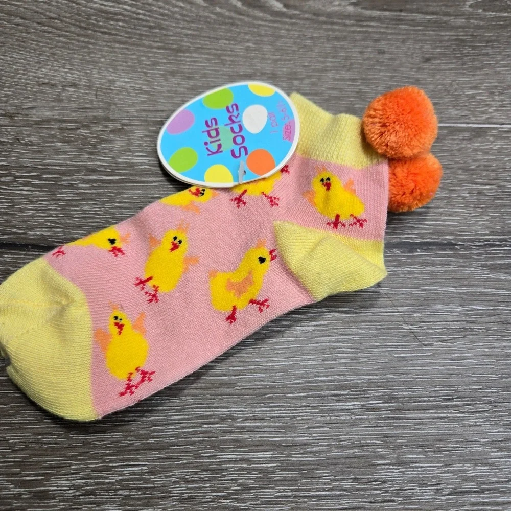 Easter Chick Ankle Socks Kids Novelty Pom Pom One Pair New